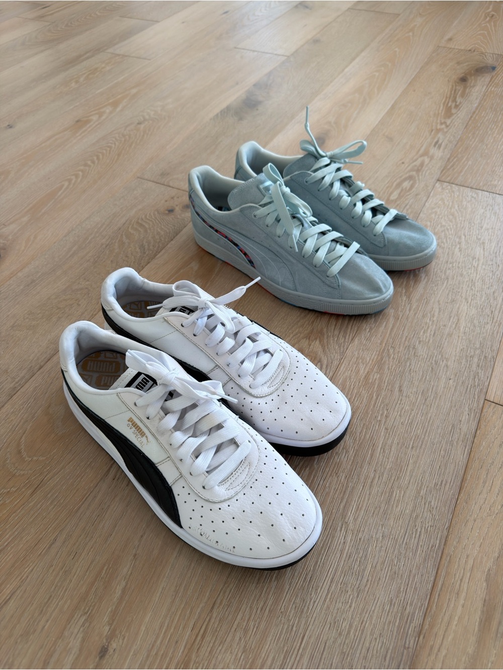 Two Pairs Puma Sneakers Size 10 - GV Special and Suede - white and light blue